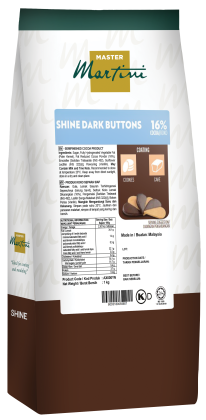 ถุงบรรจุภัณฑ์ Master Martini Shine Dark Buttons โกโก้ 16% สีน้ำตาลขาว ฝาเขียว มีไอคอนคุกกี้