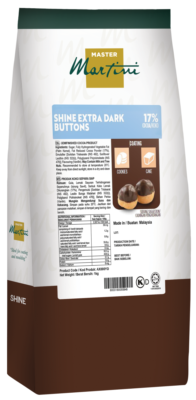ถุงบรรจุ Master Martini Shine ช็อกโกแลตดำเข้มชนิดเม็ด โกโก้ 17% สำหรับเคลือบคุกกี้และเค้ก 1 กก.
