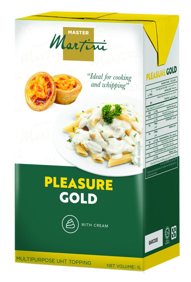 กล่อง Master Martini Pleasure Gold UHT ครีมท็อปปิ้ง 1 ลิตร บรรจุภัณฑ์มีภาพทาร์ตไข่โปรตุเกสและพาสต้าครีม.