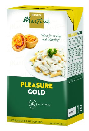 กล่อง Master Martini Pleasure Gold UHT ครีมท็อปปิ้ง 1 ลิตร บรรจุภัณฑ์มีภาพทาร์ตไข่โปรตุเกสและพาสต้าครีม.