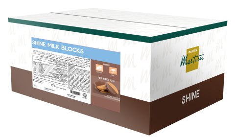 กล่องสีน้ำตาลและขาวของ Master Martini Shine Milk Blocks ระบุนม 14% พร้อมข้อมูลเคลือบและโภชนาการ