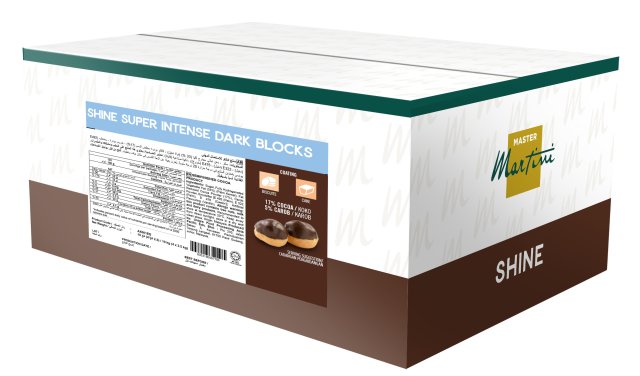กล่อง Master Martini Shine Super Intense Dark Blocks พร้อมไอคอนช็อกโกแลตเคลือบและรูปโดนัทเคลือบเงาสองชิ้น